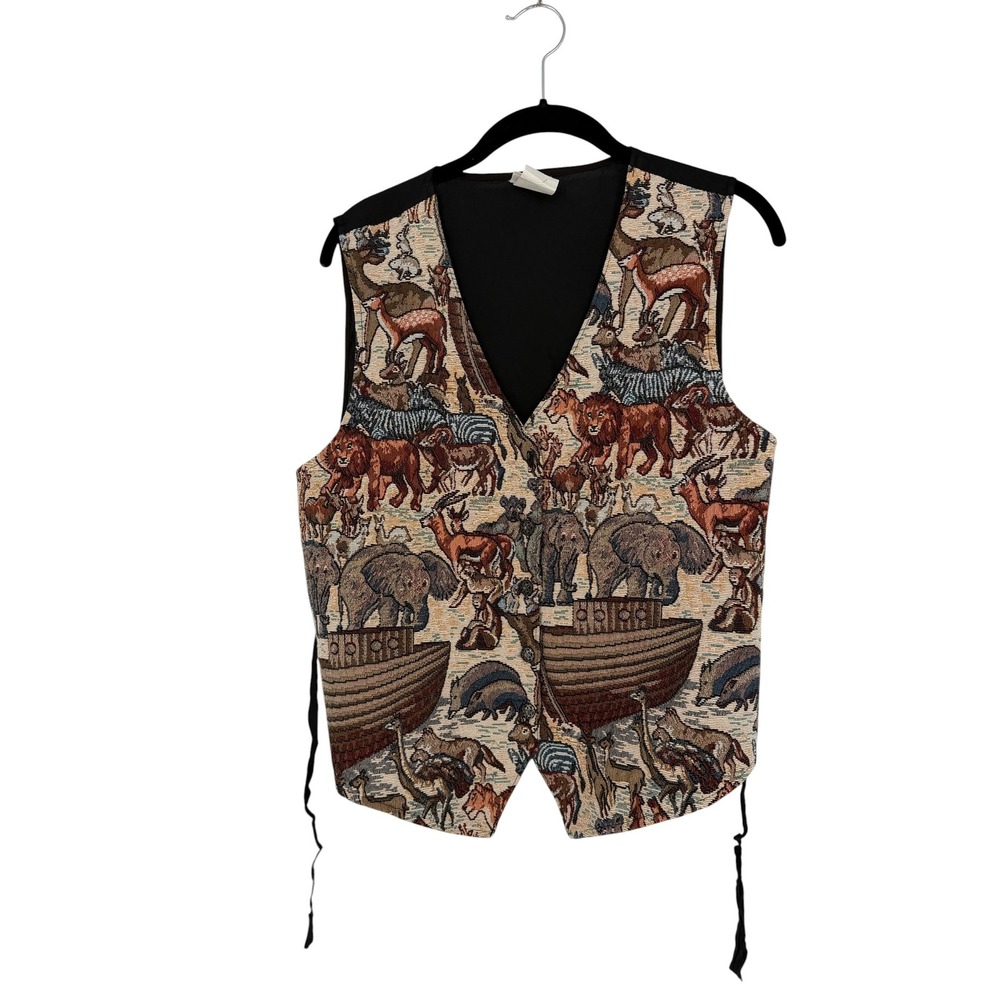 Bobbie Brooks Vintage Noahs Ark Tapestry Vest Large Animal Print Button Front